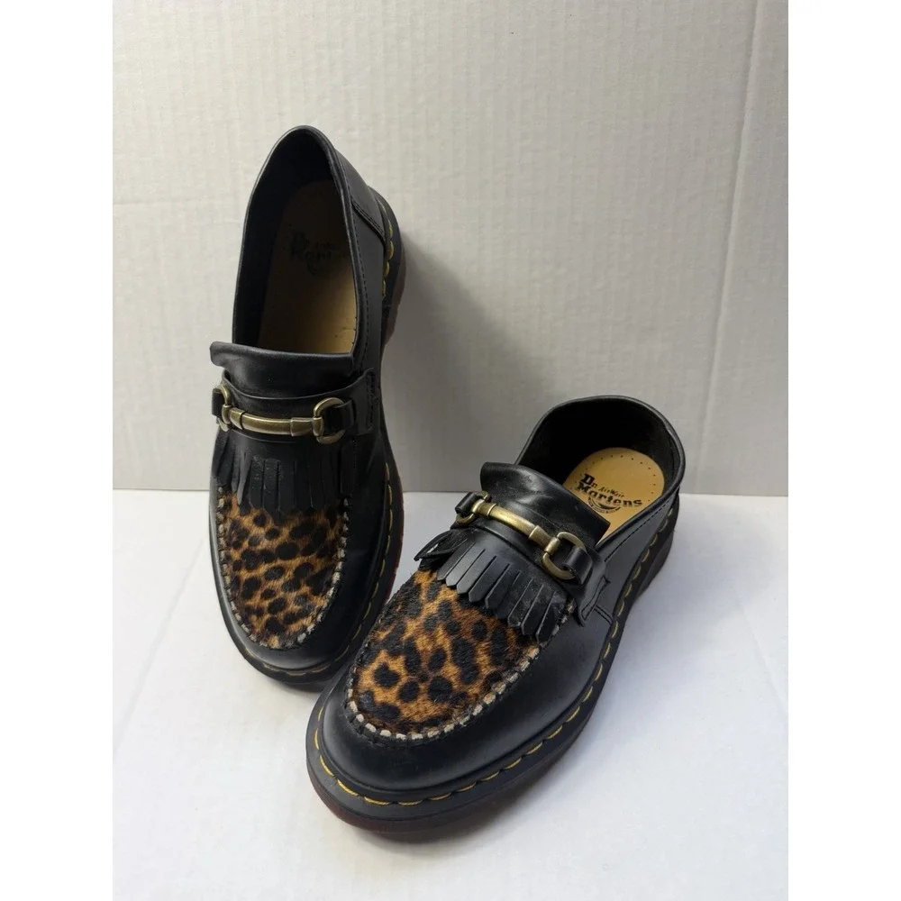 Dr. Doc Martens black leopard print hair loafers with gold buckle, men's 8 shoes